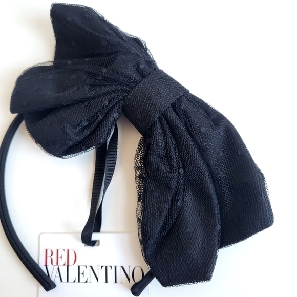New Red Valentino Point D\'esprit Tulle Side Maxi Bow Black Headband New With Tag